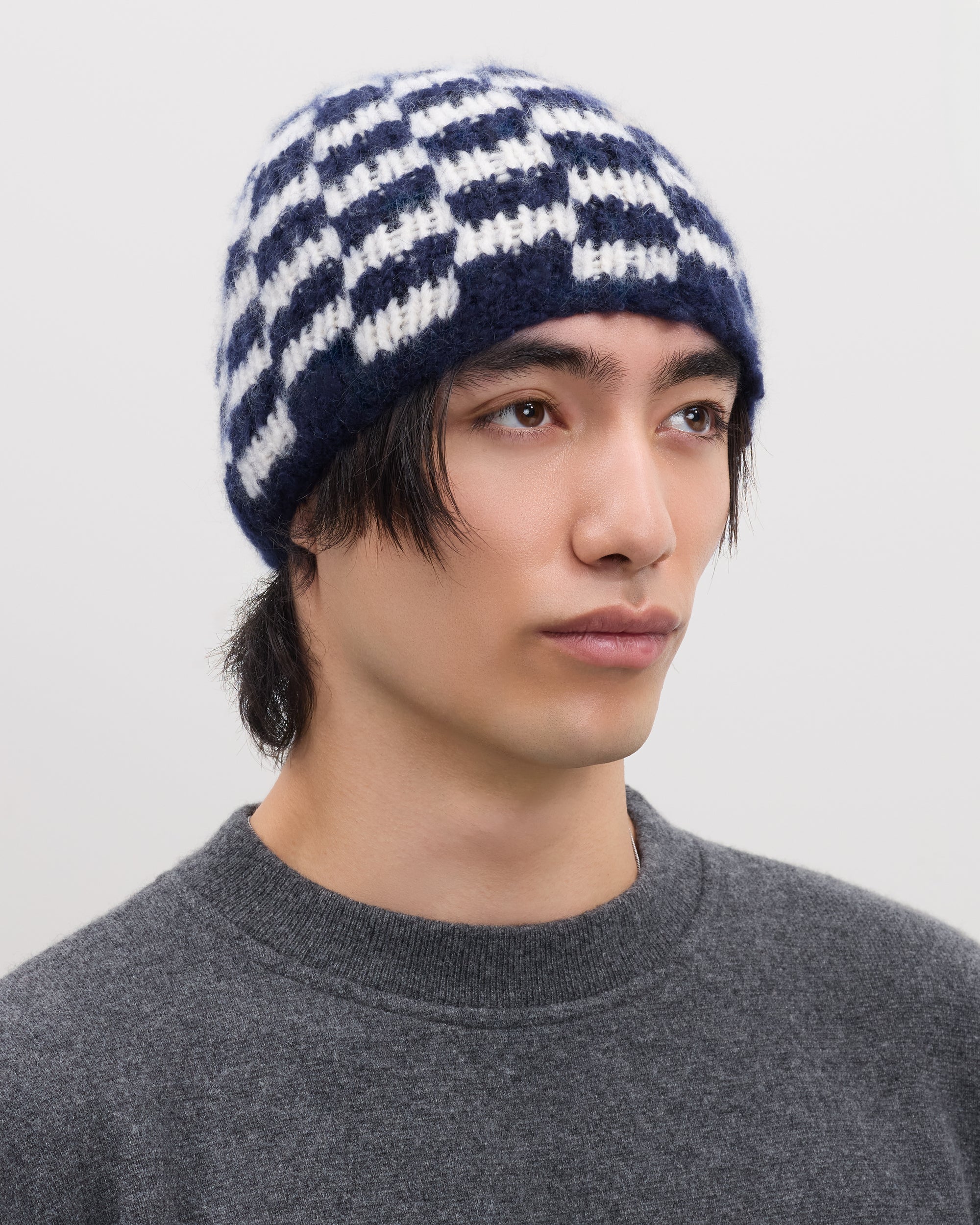 Kaschmir Mütze checkerboard blau offwhite
